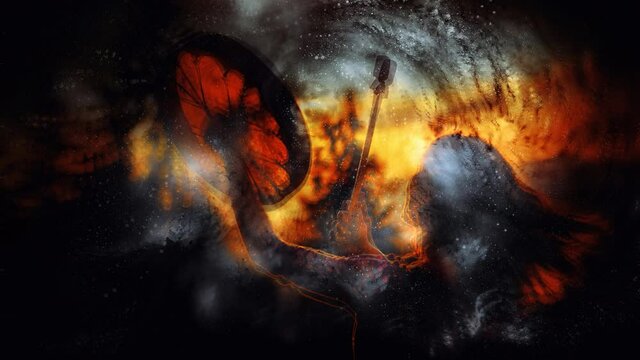 shamanic girl with frame drum on abstract structured space background.