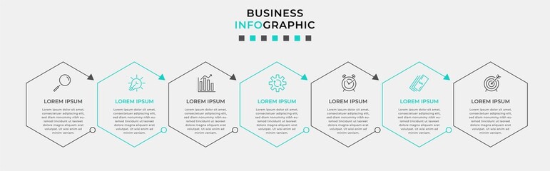 Vector Infographic design business template with icons and 7 options or steps. Can be used for process diagram, presentations, workflow layout, banner, flow chart, info graph