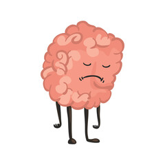 Brain character emotion. Brain character stands very upset. Funny cartoon emoticon.  illustration isolated on white background