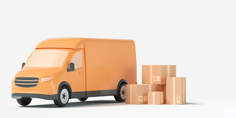 Delivery van, yellow van with packaging on white background. shipping, delivery service and transportation. 3d render illustration © StockStyle