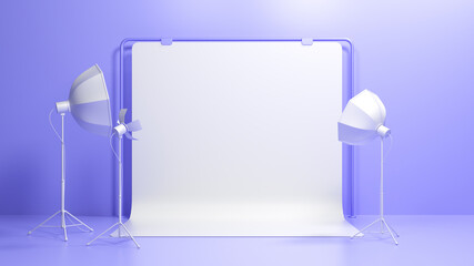 3d photography studio background. Photo studio white blank backdrop with softbox light. 3d render illustration