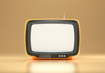 3d orange retro television on yellow background, vintage old tv receiver, social media filter photo. 3d render illustration - obrazy, fototapety, plakaty