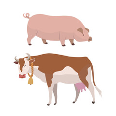 Cow and pig. Eco farming.  Illustration of butcher shop logo, meat label template with cow and pig