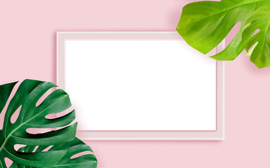 Fototapeta na wymiar Top view of a pink frame mockup with palm leaf decoration on a pink background. Landscape orientation. 