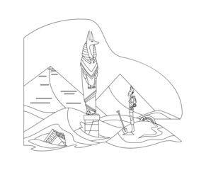 Coloring of egyptian archaeology. Man stand in front of anubis ancient egyptian god. Canine head deity of death, mummification, afterlife