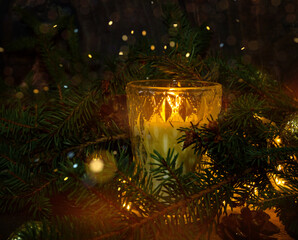 Christmas background with a Christmas tree and decor. With space to copy