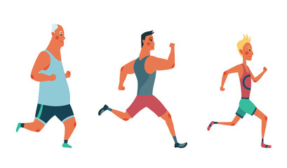 Men running marathon race. Group of people dressed in sports clothes. Participants of athletics event trying to outrun each other