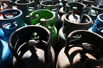 Bunch of LPG gas cylinders for kitchen cooking to be delivered to customers in local market