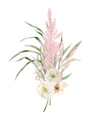 Watercolor illustration bouquet with ranunculus, pampas grass, eucalyptus, orchid. Isolated on white background. Hand drawn clipart. Perfect for card, postcard, tags, invitation, printing, poster.