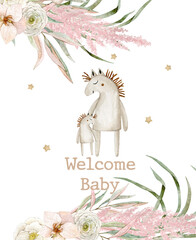 Watercolor illustration card with toy horses, ranunculus, pampas grass, eucalyptus. Isolated on white background. Hand drawn clipart. Perfect for card, postcard, tags, invitation, printing, wrapping.