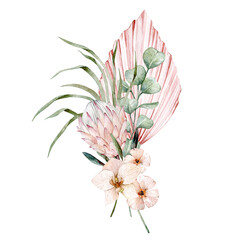 Watercolor illustration with tropical bouquet, protea, orchid, eucalyptus, pink palm leaf. Isolated on white background. Hand drawn clipart. Perfect for card, postcard, tags, invitation, printing.