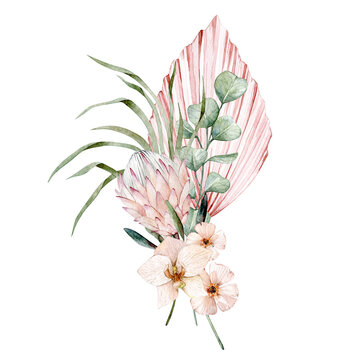 Watercolor illustration with tropical bouquet, protea, orchid, eucalyptus, pink palm leaf. Isolated on white background. Hand drawn clipart. Perfect for card, postcard, tags, invitation, printing.