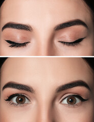 Collage with photos of woman with black eyeliner, closeup view of closed and open eyes