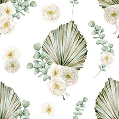 Watercolor seamless pattern with palm leaf, ranunculus, eucalyptus, orchid. Isolated on white background. Hand drawn clipart. Perfect for card, postcard, tags, invitation, printing, wrapping, fabric.
