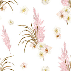 Watercolor seamless pattern with boho pampas grass, orchid, ranunculus. Hand drawn clipart. Isolated on white background.