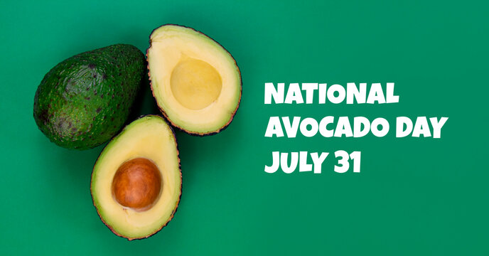 National Avocado Day stock images. Whole and half avocado isolated on a green background stock photo. Avocado Day Poster, July 31. Important day