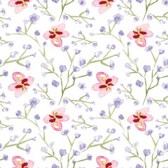 Watercolor seamless pattern with small flowers on white background.