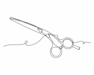 Continuous one line of scissors or shears professional barber hair cutting in silhouette on a white background. Linear stylized.Minimalist. - obrazy, fototapety, plakaty