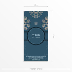 Rectangular Blue color postcard template with luxury light ornament. Print-ready invitation design with vintage patterns.