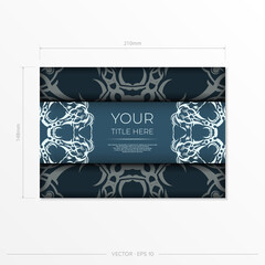 Rectangular Blue color postcard template with luxurious light patterns. Print-ready invitation design with vintage ornaments.