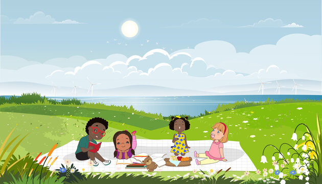 World book day with kids sitting reading book having picnic and playing in grass fields,Vector cute cartoon Schoolchildren relaxing outdoors on spring in Book week,Education concept