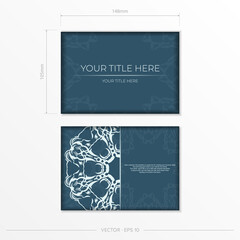 Rectangular Vector Preparation of blue color postcards with luxury light ornaments. Template for design printable invitation card with vintage patterns.