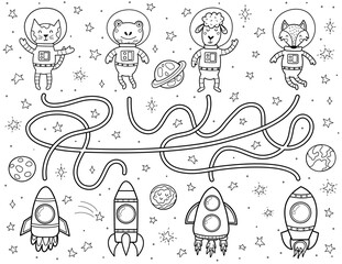 Find a correct way to the rockets for each animal astronaut. Black and white space maze for kids. Activity page with funny space characters. Mini game and coloring page. Vector illustration