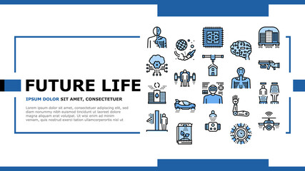 Future Life Devices Landing Web Page Header Banner Template Vector. Flying City And Car, Human Fly Gadget And Drone Wifi, Ai Brain And Chip, Robot And Teleport Illustration