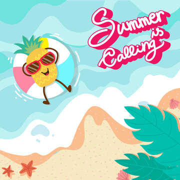 summer background with cute pineapple mascot