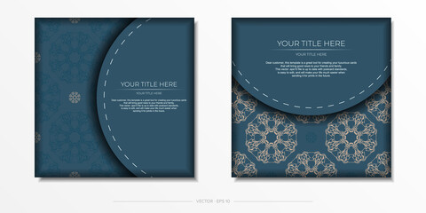 Square Vector Preparation of blue color postcards with luxury light ornaments. Template for design printable invitation card with vintage patterns.