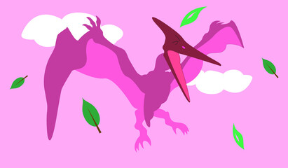 Pink Pteranodon is flying on the pink sky. pink dinosaur