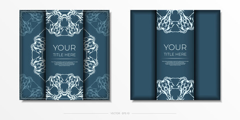 Square vector postcards in blue color with luxury light ornaments. Invitation card design with vintage patterns.