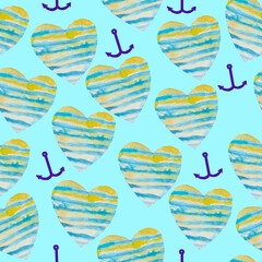 Watercolor hand drawn artistic hearts patterns, multicolor hearts, azure background, striped hearts, anchors