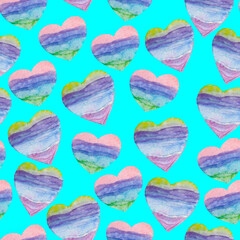 Watercolor hand drawn artistic hearts patterns, multicolor hearts, azure background, stripped gradient hearts,