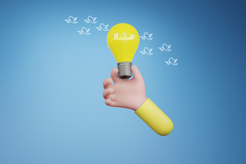 3D Conceptual Illustration. winged light bulb, Freedom of thought, creative idea and innovation concept