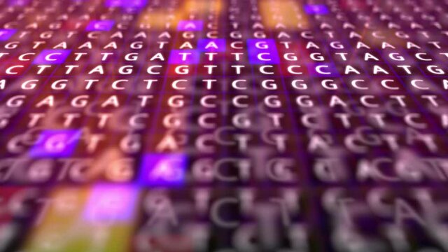 Loopable: Genetic mapping DNA sequence analysis 3D abstract background with randomly changing DNA components and pink rays. Big genomic data analysis concept.