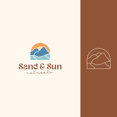 Minimalist sand and sun mountain logo design premium