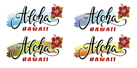 Set of aloha hawaii lettering inscriptions with red hibiscus flower. - obrazy, fototapety, plakaty