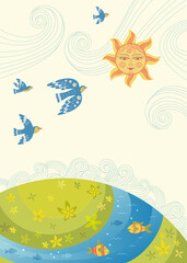 Nature care awareness concept. Vector eco illustration for banner or card on the theme of saving the environment. Landscape, the Sun, decorative birds and fish. Clipping mask applied. 