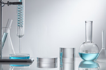 Stage showcase cosmetics on glass pedestal modern in laboratory equipment. Laboratory glass...