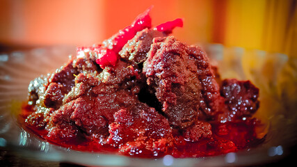 Rendang beef. It is a popular food in Indonesia, it comes from West Sumatera.