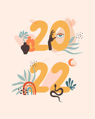 New year 2022 greeting card in pastel colors. Boho drawing abstract with evil eye, leaf, rainbow, hand magic, moon, snake, pottery. Template for New 2022 Year, gift tag, calendar, Stickers, Invitation