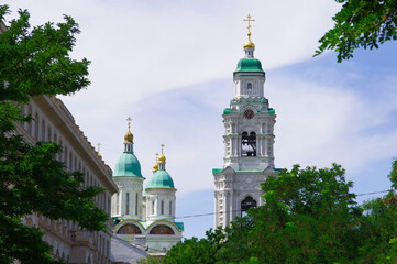 Russia, Astrakhan 07/27/2021. View of the bell tower and cathedral in the Astrakhan Kremlin.