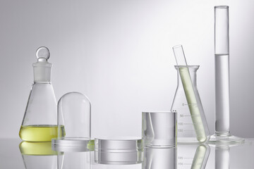 Stage showcase cosmetics on glass pedestal modern in laboratory equipment. Cosmetic nature skincare...