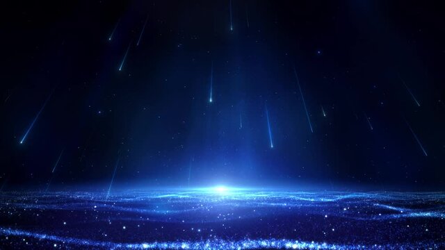 Blue Meteor Shower Falls Down With Particles, Converging Into A Twinkling Ocean Wave; An Elegant And Deep Abstract Stage Background