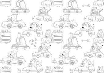 Coloring pages of safari animals seamless pattern. Woodland animals on cars. Vector illustration. Worksheets for kids.