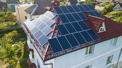 Solar panels placed on the roof of a residential, country house