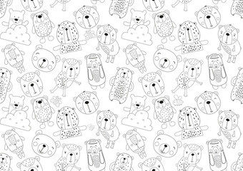 Coloring book pages of animals seamless pattern. Woodland animals – cute bear. Vector illustration.