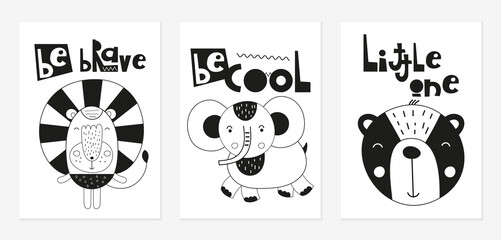 Childrens bedroom posters nursery wall art. Safari animals elephant, lion, bear. Black and white kids prints set. Vector illustration.