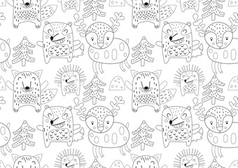 Coloring pages of wild animals seamless pattern. Forest animals fox, badger, hedgehog, deer. Vector illustration. Painting for kids.